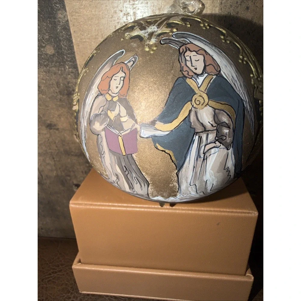 Vtg Hand Painted Inside Glass Christmas Ornament Angels Gold Trim Blown 3
